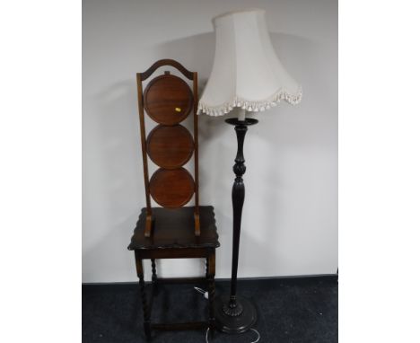 An Edwardian standard lamp, oak occasional table and folding cake stand 