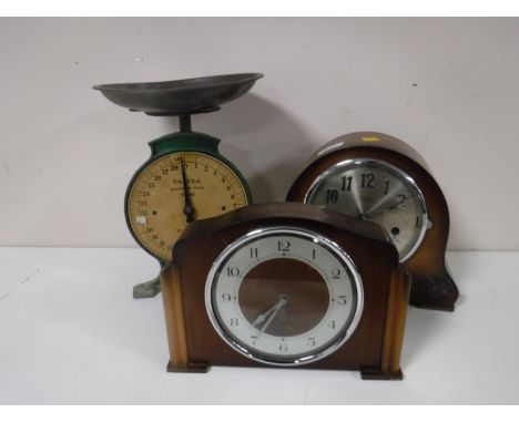 Two oak mantel clocks, together with a set of Salter scales 