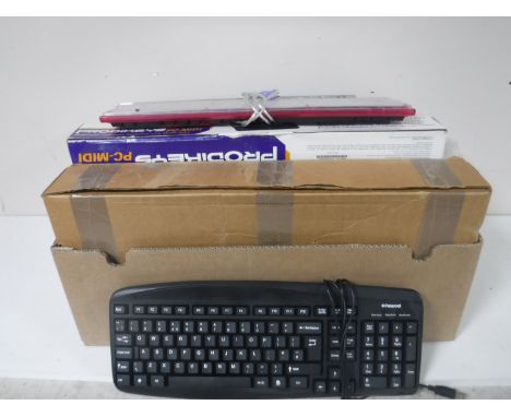 A box of various household electrical items, keyboard, DVD recorder etc