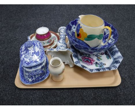 An antique Chinese blue and white bowl, candlestick, Victorian sauce dish with stand and ladle etc 