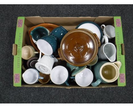 Seven boxes of stoneware, dinner ware, Denby cups and saucers, Royal Worcester Wild Harvest dishes etc 