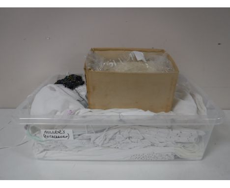 Two boxes of a quantity of vintage linen, christening gowns, lacework, vintage clothing etc