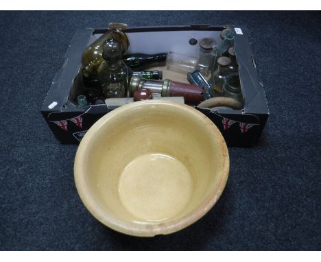 A box of antique and later glass bottles, North Shields bottle, stone ware, miner's lamp etc 