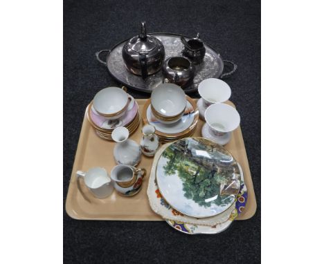 A three piece silver plated tea service on tray, a tray of tea china, Japanese tea ware etc 