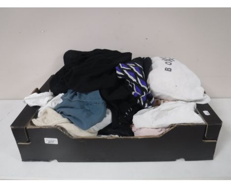 Two boxes containing vintage clothing, fabrics, hat in hat box, evening bags, vintage dresses etc