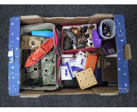 A box of vintage playing cards, animal ornaments, box of Lego etc 