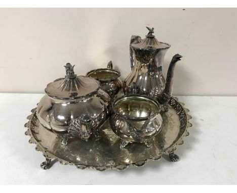 A silver plated four piece tea service on tray