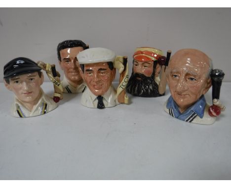 Five small Royal Doulton character jugs; Dickie Bird, Brian Johnston, Len Hutton, Dennis Compton and W. G. Grace. (5)