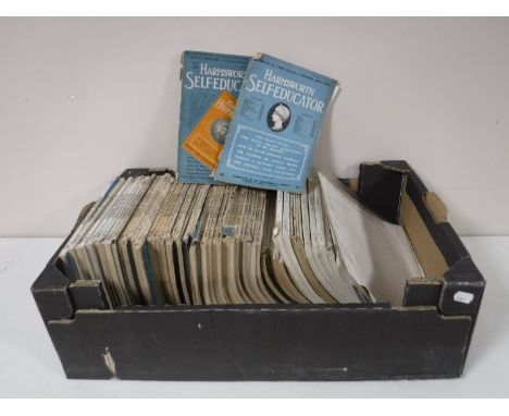 Three boxes containing Harmsworth Self Educator volumes, vintage magazines, commemorative edition magazines, etc  