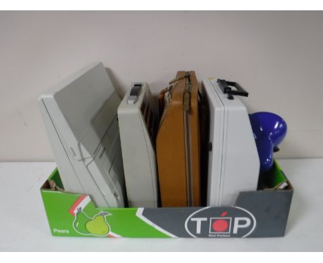 A box containing vintage typewriters, desk lamp on bracket, etc 