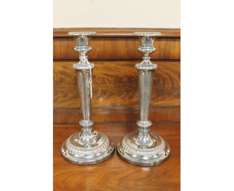 A superb pair of George III heavy gauge silver candlesticks, John Roberts & Co, Sheffield 1810, with sconces, height 29cm. (2