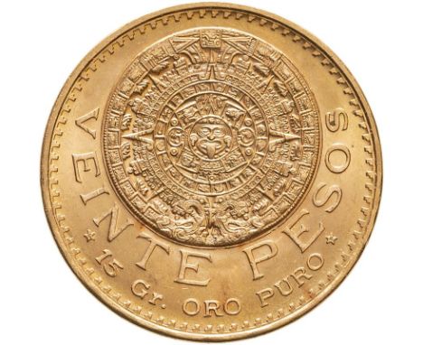 MEXICO. Gold 20 pesos, 1959. Mexican Eagle with snake, inscription: 'ESTADOS UNIDOS MEXICANOS 1959'/ Aztec calendar and inscr