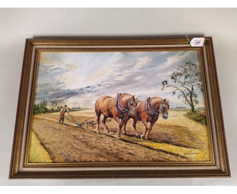 A John Constable Reeve signed oil on board of heavy horses ploughing, 59cm x 40cm