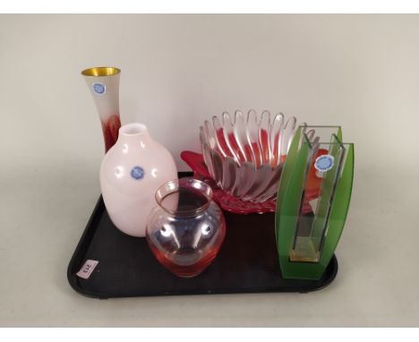 Six pieces of Swedish Art Glass including two dishes and four vases, the tallest measuring 11"
