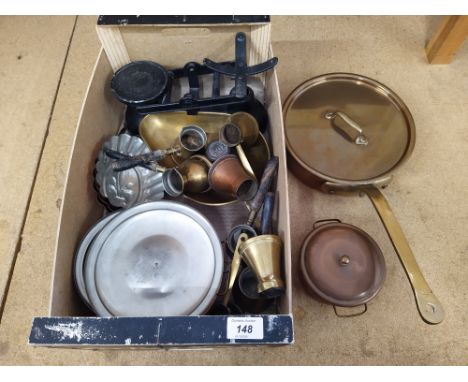 A box of mixed metal wares including Salter scale with weights, copper and brass containers and measure together with a large