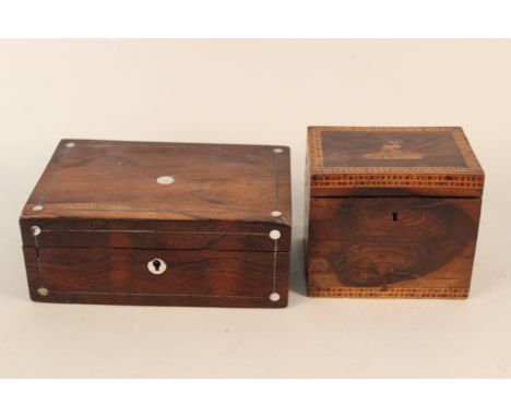 A Victorian rosewood box and an early 19th Century rosewood and olive wood veneered tea caddy with inlaid seated figure to to