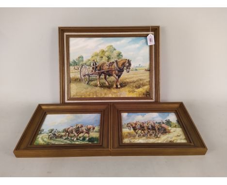 Three framed works by John Constable Reeve, oils on boards of heavy horses in harness, 24cm x 17cm and 39cm x 29cm