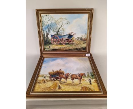 John Constable Reeve signed oil on board "The Blue Wagon", together with a rural scene of heavy horses and a hay cart, both 4