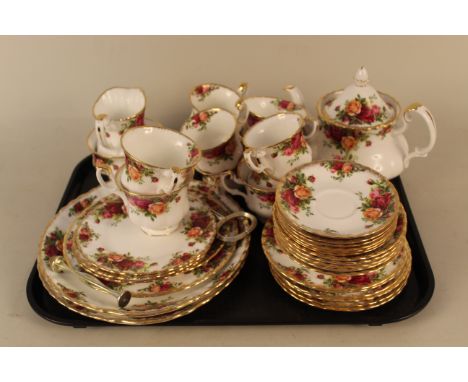 Royal Albert Old Country Roses tea wares including a teapot and a three tier cake stand