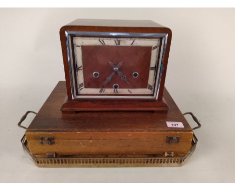 A galleried tray together with a part canteen of cutlery and an oak cased Enfield chiming mantle clock