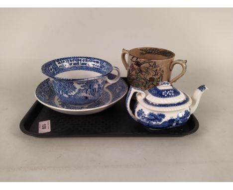 An early 19th Century "Speed the Plough" loving cup together with a Copeland Spode tower small teapot and a Burslem large blu