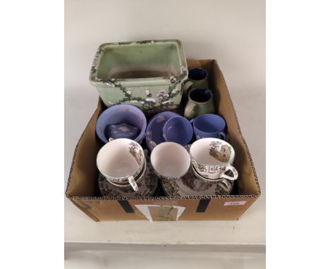 A Chinese Celadon green planter together with two Doulton Green King mugs, a Copeland Spode Byron pattern part tea set and a 