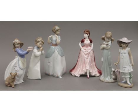A quantity of Lladro, Nao and Coalport figurines. The largest 23 cm high.