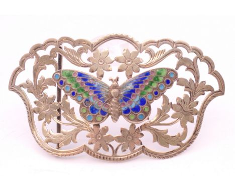 An Art Nouveau silver and enamel belt buckle with butterfly motif. 9 x 5 cm.