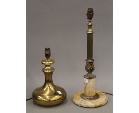 A late 19th century fluted column lamp on a marble base converted to electricity, together with a 20th century brass table la