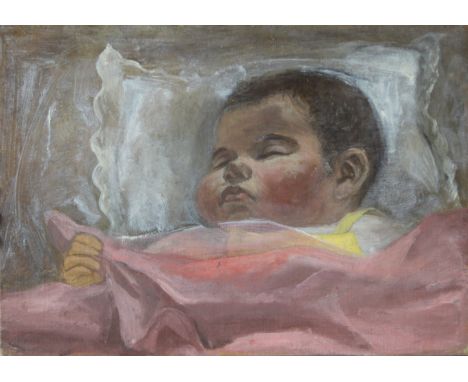 TERESA D'ELIA (1918-2011) American, Sleeping Baby and a Portrait of a Lady, oils on canvas laid down, unframed. The former 35