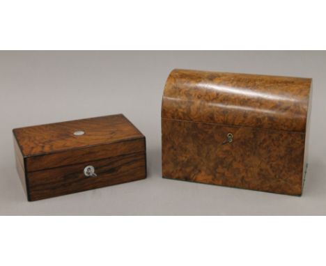 A Victorian burr walnut tea caddy and a rosewood jewellery box. The former 22.5 cm wide.