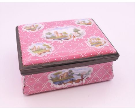 An 18th century pink ground Battersea enamel snuff box of rectangular form, finely painted with landscapes in cartouches. 8.5