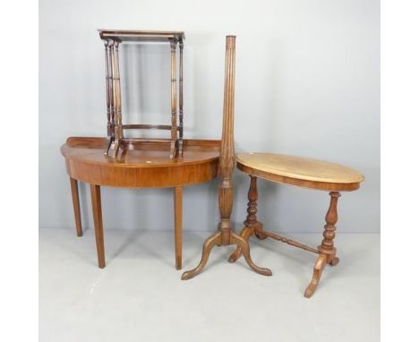 A Georgian mahogany and satinwood strung demi lune console table, 122x77x59cm, a standard lamp, a nest of two tables and a Vi