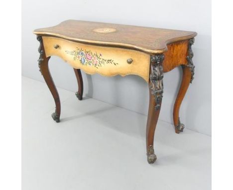 A contemporary continental style console table, with single drawer and applied decoration. 130x91x52cm.