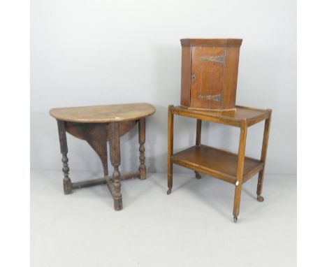 A single drop-leaf console table. a 1930s oak two-tier trolley and a small hanging corner cupboard (3).