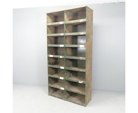 A large vintage industrial green painted storage unit with sixteen compartments. 92x183x34cm Good used condition. Some chips 
