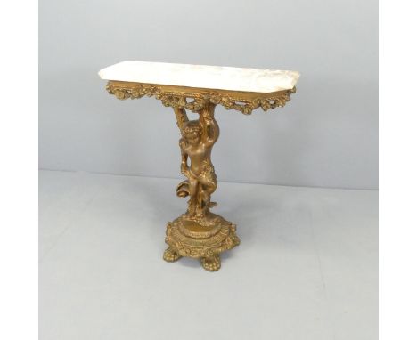A continental marble-topped console table on gilt-painted composite base, with cherub centre support and lion paw feet. 73x80