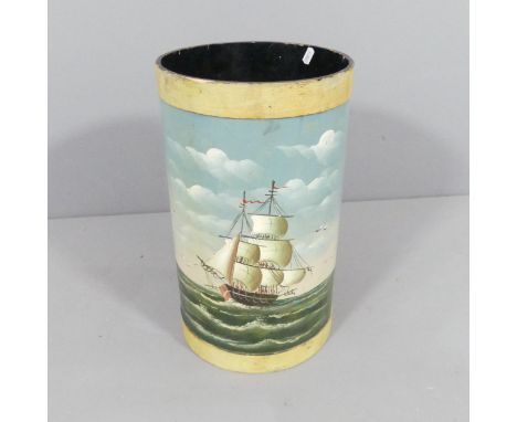 A vintage papier-mâché stick stand with painted nautical decoration. 26x44cm.