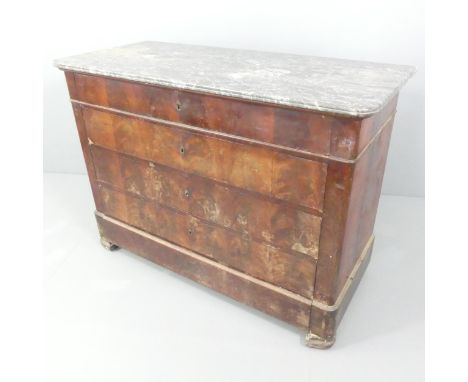 A French mahogany and marble topped commode chest of five long drawers. 130x95x58cm.