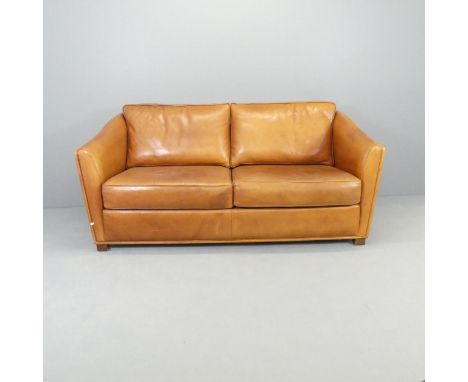 A vintage brown leather two-seater sofa. Overall 180x83x92cm, seat 150x48x55cm. Good condition.