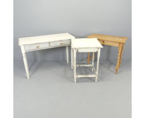 A painted pine writing table, 104x73x44cm, a pine console table, and a painted oak square top lamp table with barley twist le