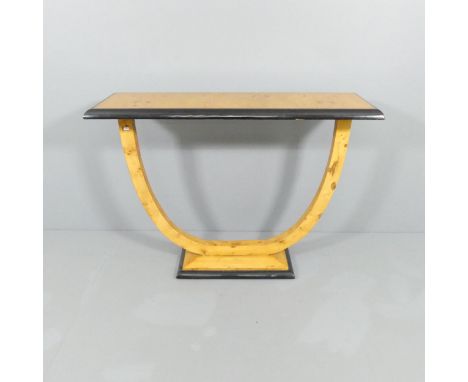 A contemporary Art Deco style burr walnut veneered and ebonised console table. 120x88x40cm. Good used condition. Glued repair