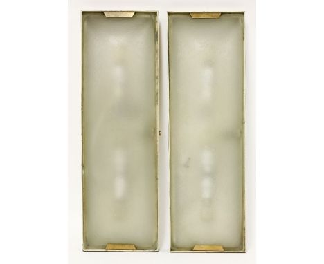 A pair of Italian wall lights,late 20th century, in rectangular gilt and cream painted mounts, with etched glass cushion shad