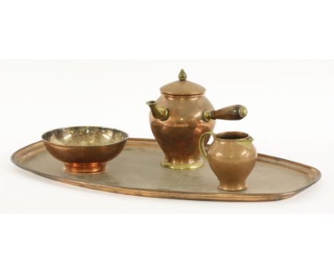 A copper tray, chocolate pot and cover, milk jug and sucrier, designed by William Arthur Smith Benson, jug impressed 'Benson'