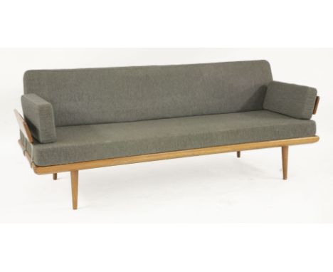 A teak daybed,designed by Peter Hvidt for France and Son, with original grey-upholstered back, seat and bolsters, with button