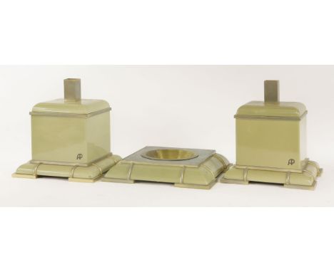 A pair of Art Deco-style lamp bases,with green celadon and silvered mounts, each with an 'AP' monogram,30cm high, anda centre