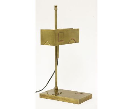 A brass and copper desk lamp,after a Bauhaus design, with an adjustable height, stamped 'Staatliches Bauhaus-Weimar',48.5cm h