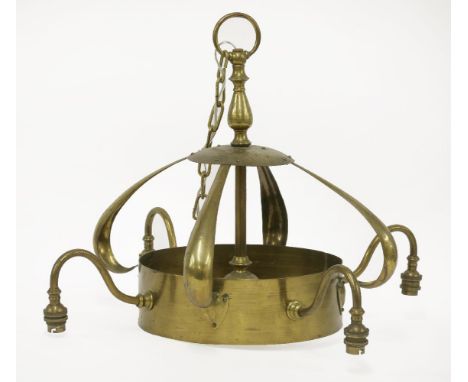 A brass ceiling lamp,in the manner of W A S Benson, of scrolled foliate form, with four arms, 61cm diameter
