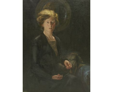 *Cyril Frost (1880-1971)PORTRAIT OF A WOMAN, THREE-QUARTER LENGTH, SEATED, IN A BLACK DRESS AND HOLDING A GOLD LOCKETSigned a