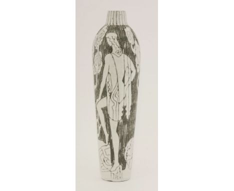 A Tilgmans Keramik monochrome pottery vase,incised with two female figures, one playing a harp, inscribed 'M.1954 TILGMANS',3